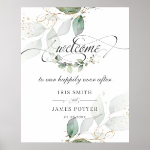 Rustic Greenery Leaves Gold Wedding Welcome Sign