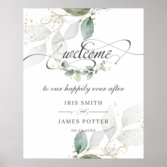 Rustic Greenery Leaves Gold Wedding Welcome Sign (Front)