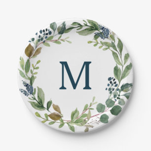 Rustic Greenery Monogram Bridal Shower Paper Plate
