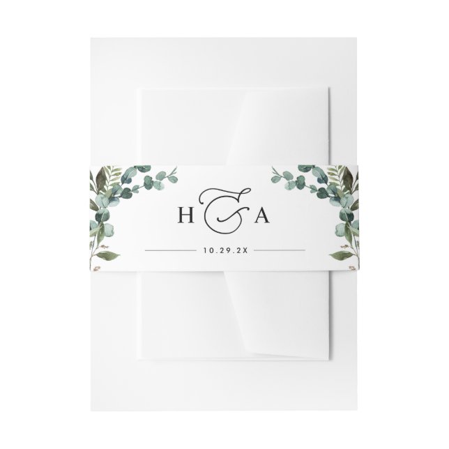 Rustic Greenery Monogram Wedding Invitation Belly Band (Front Example)