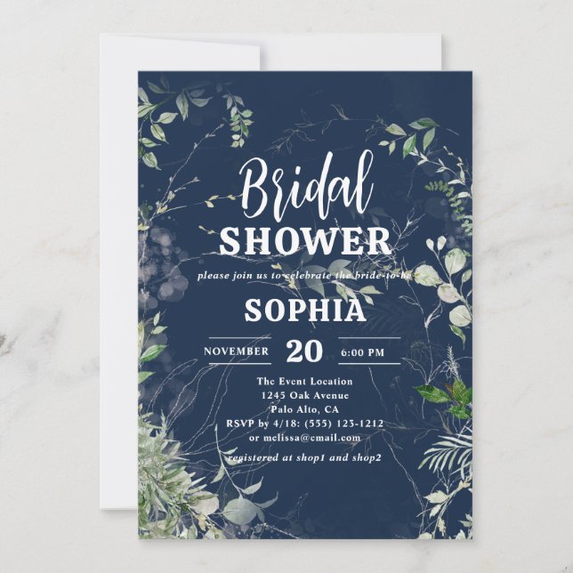 Rustic Greenery Navy Blue Bridal Shower Invitation (Front)