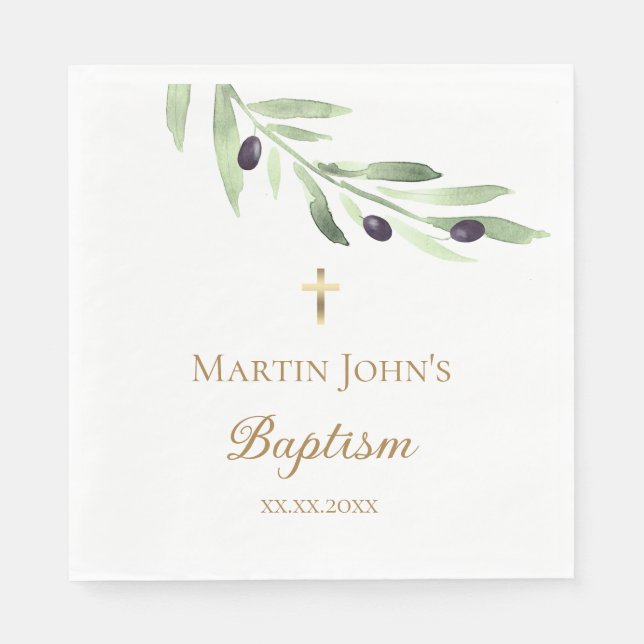 rustic greenery olive branch Baptism Napkin (Front)