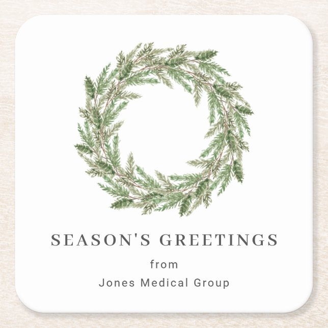 Rustic Greenery Pine Wreath Business Holiday Square Paper Coaster (Front)
