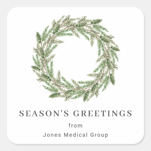 Rustic Greenery Pine Wreath Business Holiday Square Sticker (Front)