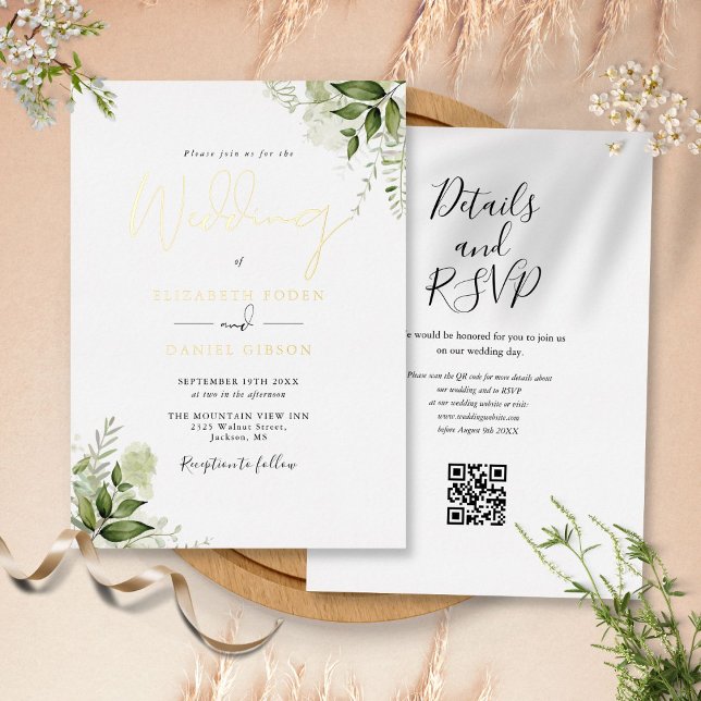 Rustic Greenery QR Code Elegant Wedding Gold (Rustic Greenery QR Code Elegant Wedding Gold Foil Invitation)