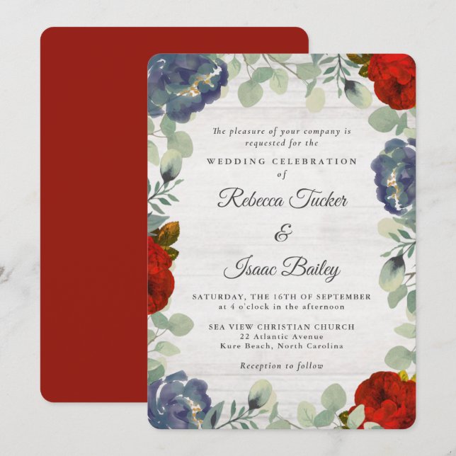 Rustic Greenery Red & Blue Floral Wedding Invitation (Front/Back)