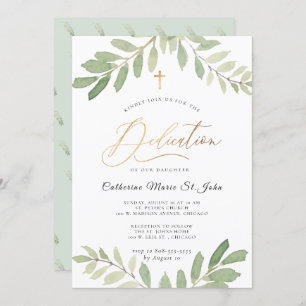 Rustic Greenery Sage Green Faux Gold Dedication Invitation