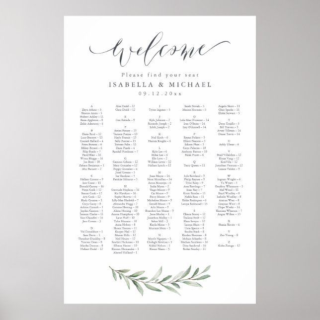 Rustic Greenery Script Alphabetical Seating Chart (Front)