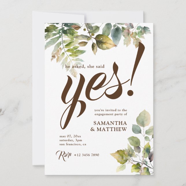 Rustic Greenery She Said Yes Engagement Party  Invitation (Front)