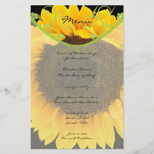 Rustic Greenery Sunflower Barn Wedding Menu (Front)