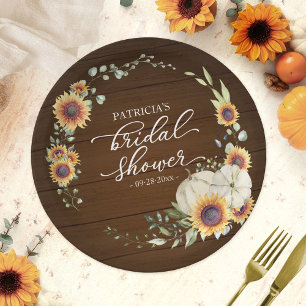 Rustic Greenery Sunflowers Pumpkin Fall Bridal Paper Plate