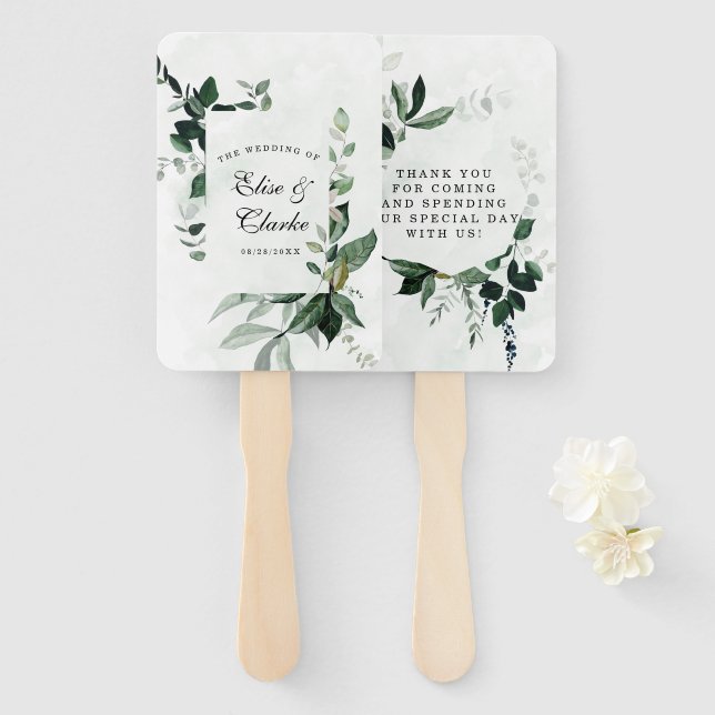 Rustic Greenery Watercolor Eucalyptus Wedding Hand Fan (Front and Back)