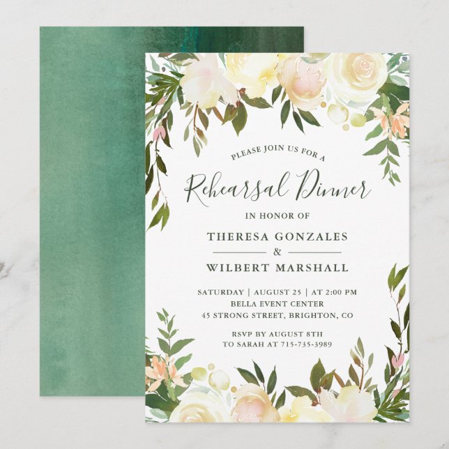 Rustic Greenery Watercolor Floral Rehearsal Dinner Invitation (Front/Back)
