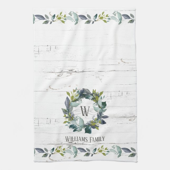 Rustic Greenery Watercolor Laurel Wreath Monogram Tea Towel (Vertical)