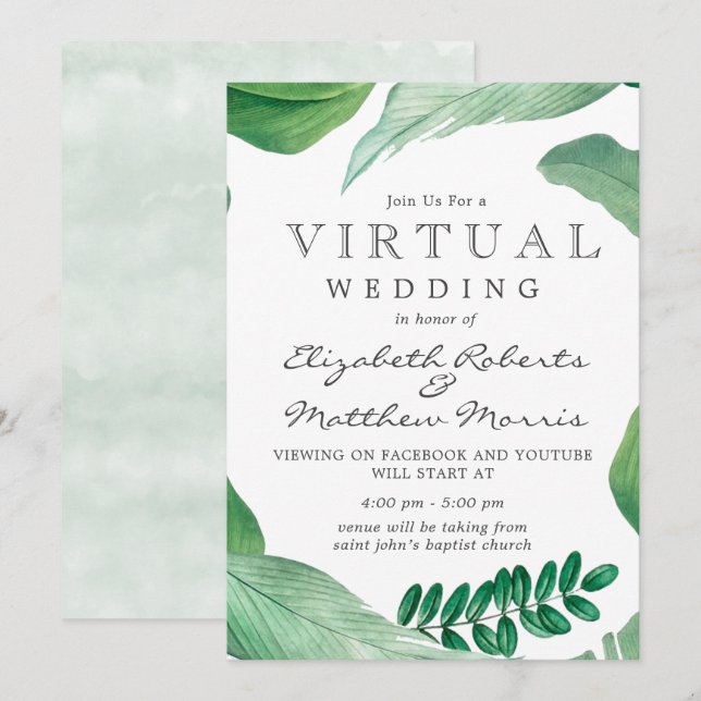 Rustic Greenery Watercolor Leaves Virtual Wedding Invitation (Front/Back)