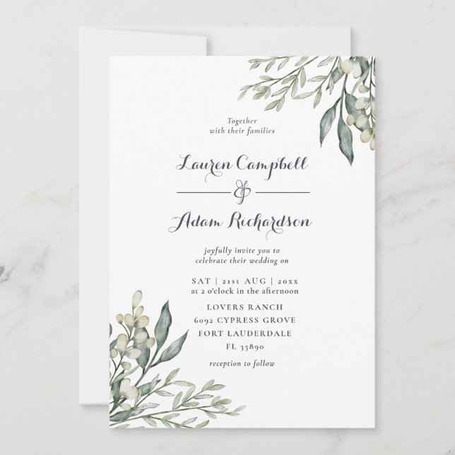 Rustic Greenery Watercolor Wedding All-in-one Invitation (Front)