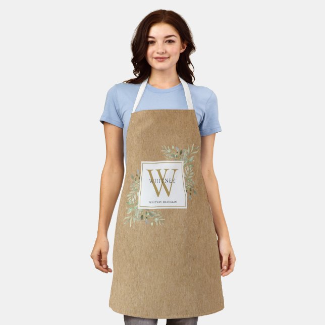 Rustic Greenery Watercolor White Gold Monogram Apron (Worn)