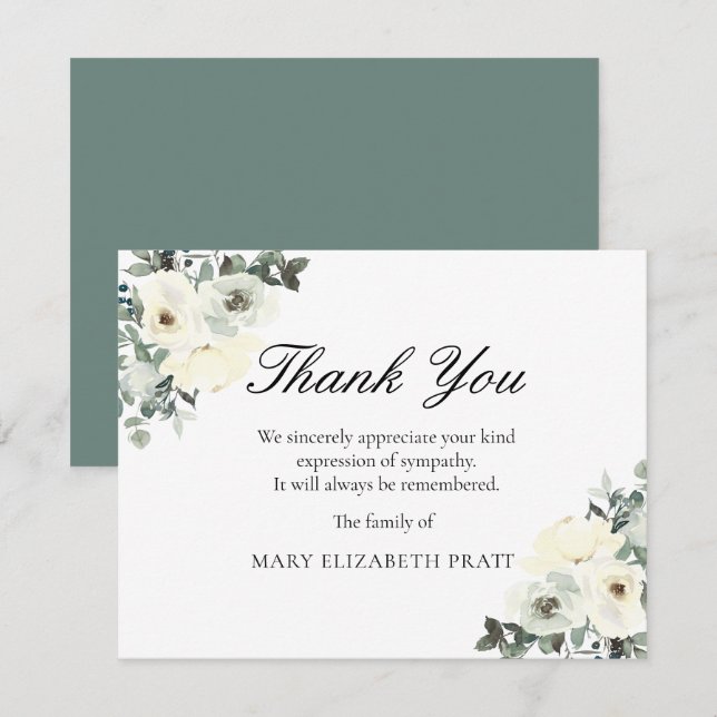Rustic Greenery White Floral Funeral Thank You Card (Front/Back)