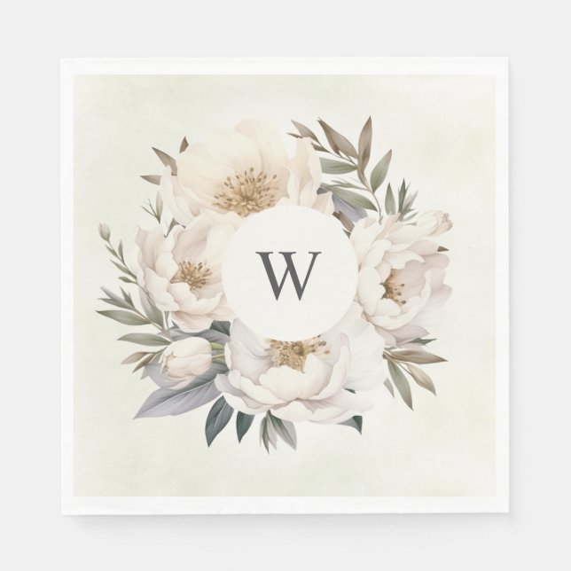 Rustic Greenery White Floral Monogram Wedding Napkin (Front)