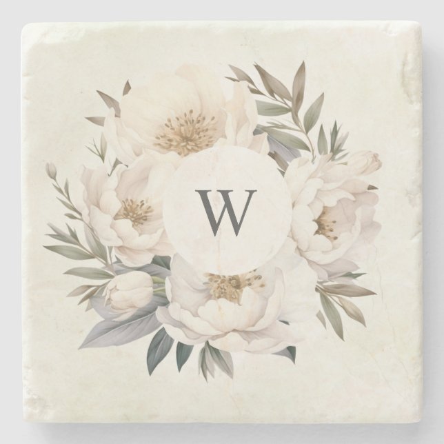 Rustic Greenery White Floral Monogram Wedding Stone Coaster (Front)