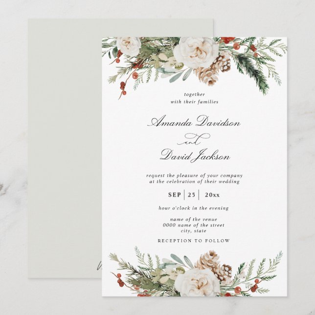 Rustic Greenery White Floral Red Berries Wedding Invitation (Front/Back)