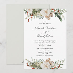 Rustic Greenery White Floral Red Berries Wedding Invitation