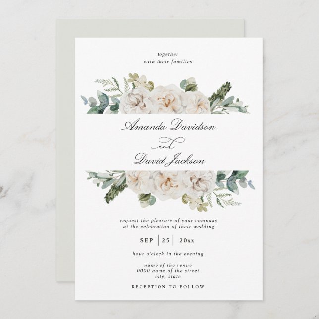 Rustic Greenery White Floral Sage Green Wedding Invitation (Front/Back)