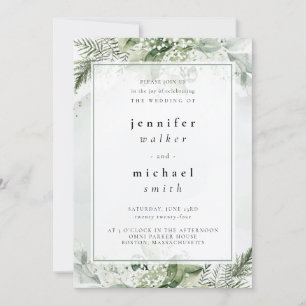 Rustic Greenery, White & Green Foliage Wedding Invitation