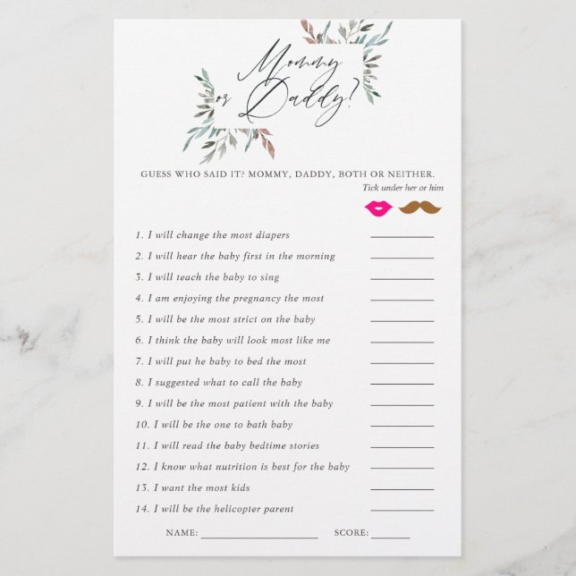 Rustic Greenery Winter Baby Shower Game (Front)