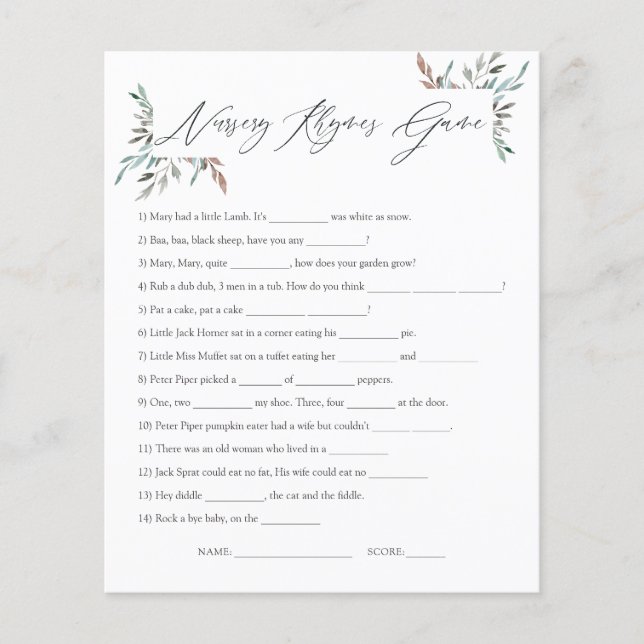 Rustic Greenery Winter Baby Shower Game (Front)