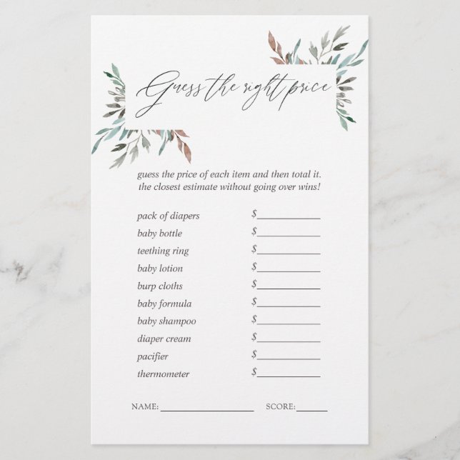 Rustic Greenery Winter Baby Shower Guess the Price (Front)