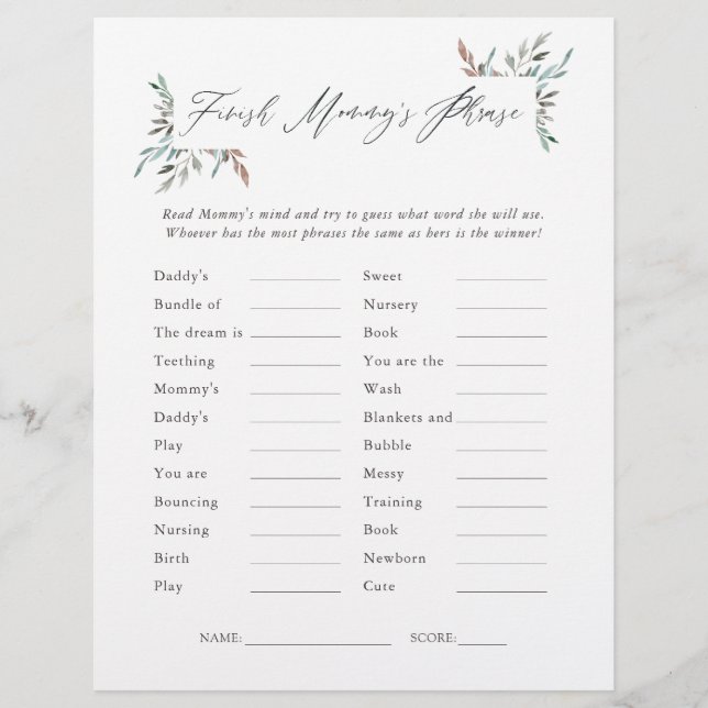 Rustic Greenery Winter Baby Shower Phrases Game (Front)
