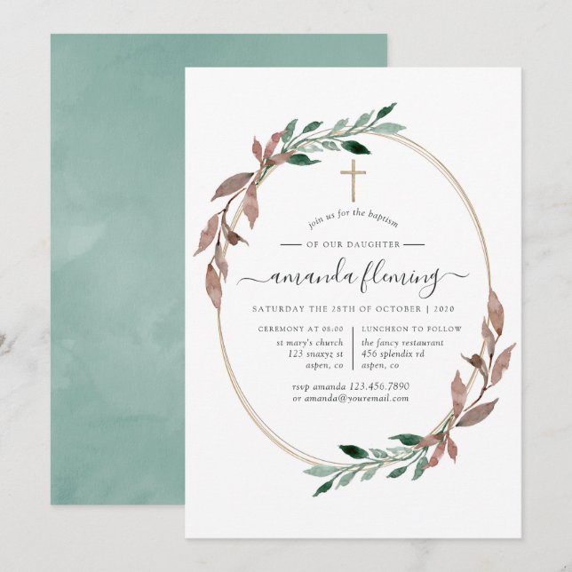 Rustic Greenery Winter Baptism or Christening Invitation (Front/Back)