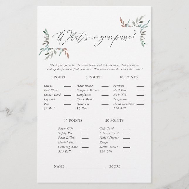Rustic Greenery Winter Bridal Shower Game (Front)