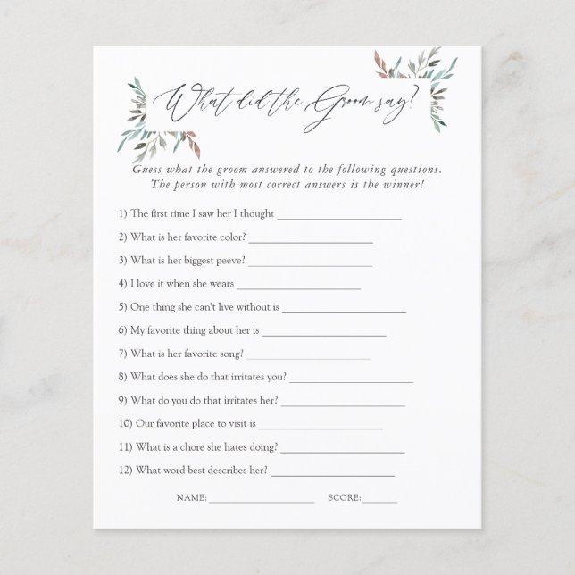 Rustic Greenery Winter Bridal Shower Game (Front)