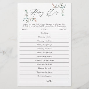 Rustic Greenery Winter Bridal Shower Honey-Do Game