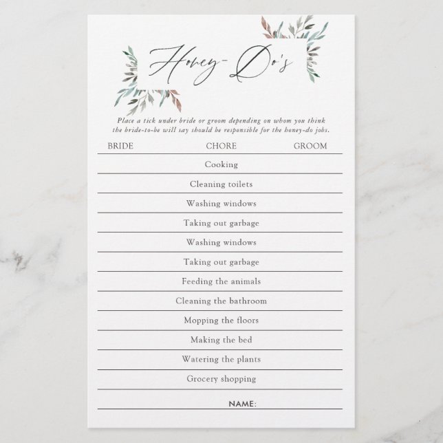 Rustic Greenery Winter Bridal Shower Honey-Do Game (Front)