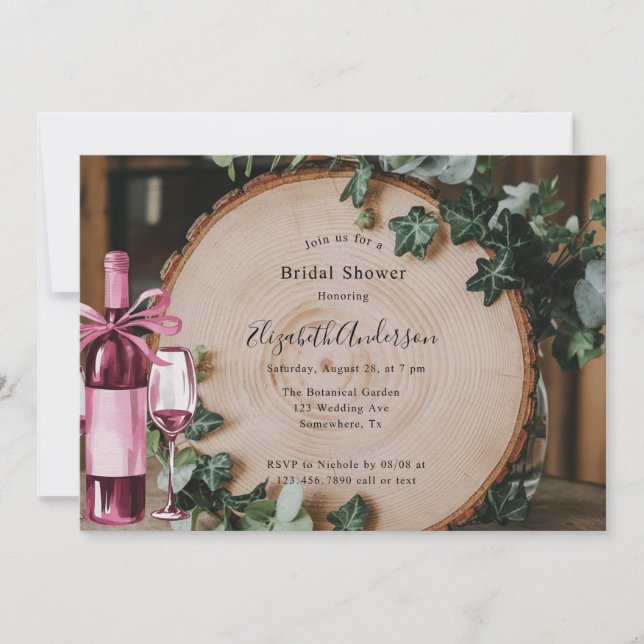 Rustic Greenery & Wood Slice Bridal Shower Invitation (Front)