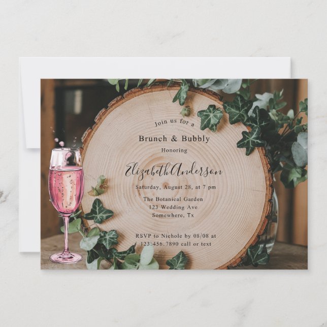 Rustic Greenery & Wood Slice Brunch & Bubbly Invitation (Front)
