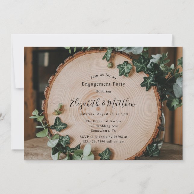 Rustic Greenery & Wood Slice Engagement Party Invitation (Front)