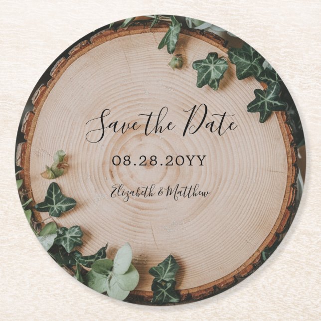 Rustic Greenery & Wood Slice Save the Date Round Paper Coaster (Front)