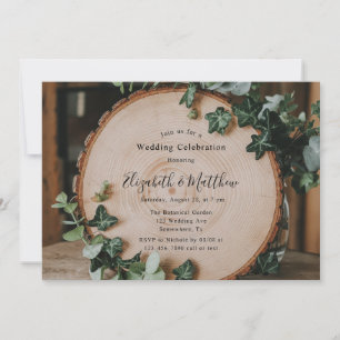 Rustic Greenery & Wood Slice Wedding Celebration Invitation