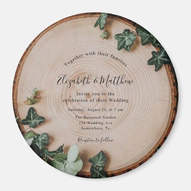 Rustic Greenery & Wood Slice Wedding Celebration Magnet (Front)