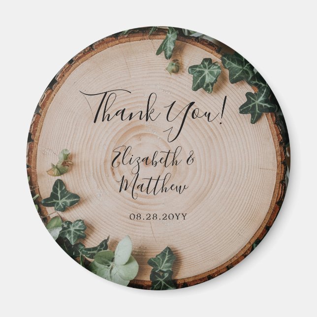 Rustic Greenery & Wood Slice Wedding Thank You Magnet (Front)