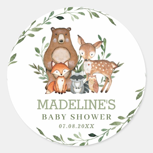 Rustic Greenery Woodland Animals Baby Shower Favou Classic Round Sticker (Front)