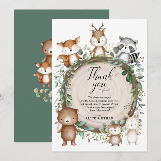 Rustic Greenery Woodland Animals Baby Shower Favou Thank You Card (Front/Back)