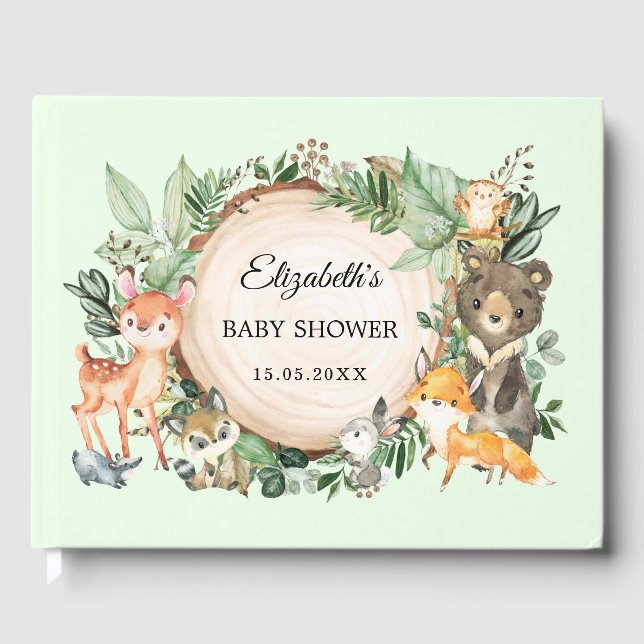 Rustic Greenery Woodland Animals Baby Shower Guest Book (Front)