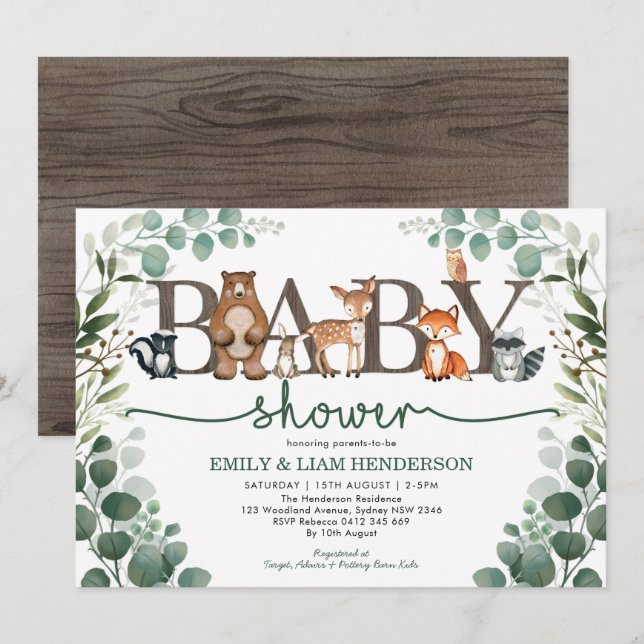 Rustic Greenery Woodland Animals Baby Shower Invitation (Front/Back)