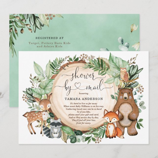 Rustic Greenery Woodland Animals Shower By Mail Invitation (Front/Back)