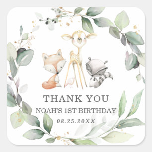 Rustic Greenery Woodland Animals Thank You Favor Square Sticker